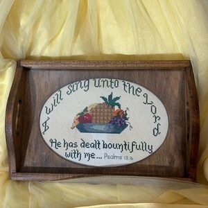 Vtg Cross Stitch Completed Framed Fruit Tray Bible Verse Home Decor Kitschy